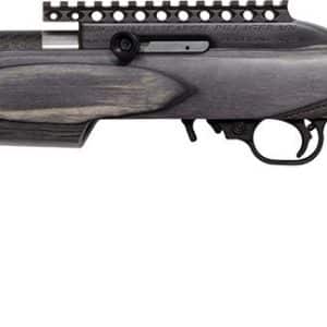 Profile view of a long hunting rifle with a dark wood stock and a mounted Picatinny rail along the barrel.