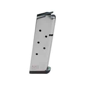 Metal handgun magazine with multiple witness holes and a curved feed lip, standing upright (used to store rounds for a semi-automatic pistol).