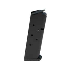 Black pistol magazine standing upright with holes along its side and a baseplate at the bottom.