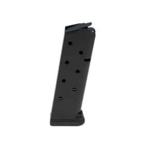 Black pistol magazine standing upright, showing the curved base and side witness holes for loading rounds