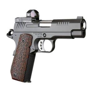 Semi-automatic pistol with a brown textured grip, black slide, and mounted optic sight on top.