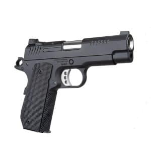 Side view of a black semi-automatic pistol with a textured grip and metal slide.