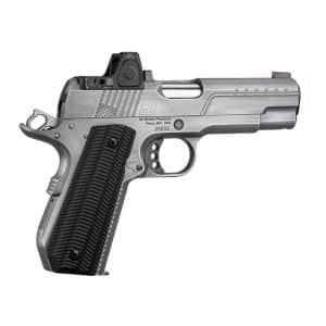 Side view of a stainless steel semi-automatic pistol with a black textured grip and open sights.