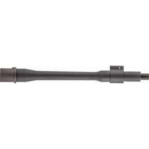 Long dark gray firearm barrel extension with a mounting clamp toward the middle and threaded muzzle on the right