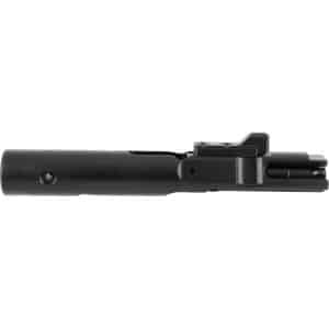 Black rifle bolt carrier component laid horizontally on a white background for a close-up product shot.
