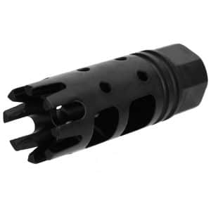 Black rifle muzzle brake/flash suppressor with vented holes and pronged ends, shown from angled side view