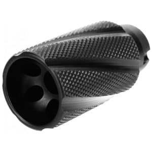 Knurled cylindrical muzzle device with four ports at the opening, a firearm accessory.