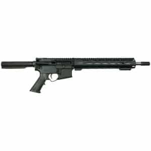 Black AR-style semi-automatic rifle with a long handguard and muzzle device, shown in profile against a white background