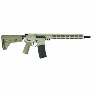 Tan semi-automatic rifle with collapsible stock, long ventilated handguard, and detachable magazine.