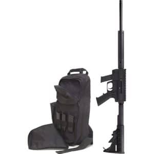 A black tactical rifle stands upright beside a black backpack on a white background.