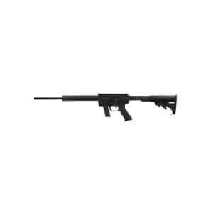 Side view of a black semi-automatic rifle with a long barrel and adjustable stock