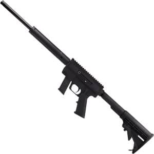 Black semi-automatic rifle with long barrel, suppressor, collapsible stock, and pistol grip, angled diagonally.