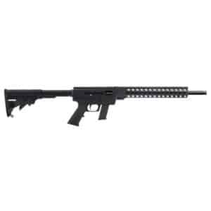 Profile view of a black modern semi-automatic rifle with an adjustable stock, pistol grip, and a long perforated handguard along a white background, shown from the left side.