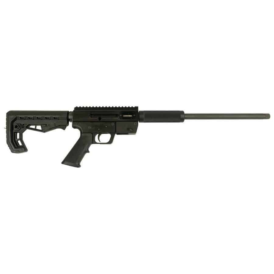 Black tactical rifle with adjustable stock, Picatinny rails, pistol grip, and a long barrel with a suppressor-like muzzle device.