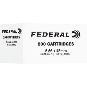 White ammo box label reading 'FEDERAL 200 CARTRIDGES' with '5.56 x 45mm' and '55 GRAIN FMJ' text and a Federal logo on the right side.
