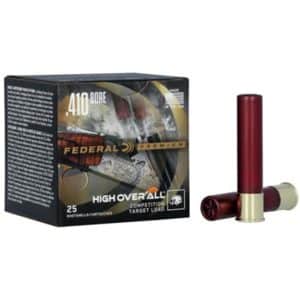 Box of Federal Premium .410 bore High Over All shotgun ammunition with two red hulls beside it, 25 shell count visible on box edge.