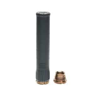 Long dark gray rifle suppressor with a detachable bronze mounting collar beside it.