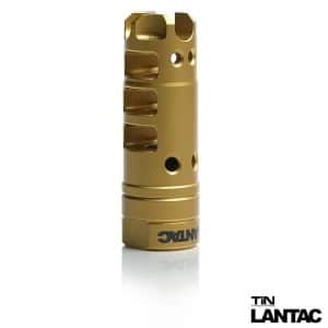 Gold anodized muzzle brake with side vents and threading, LANTAC branding visible in the corner.