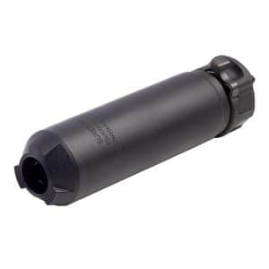 Black firearm suppressor (silencer) cylinder with threaded muzzle end visible on the left.