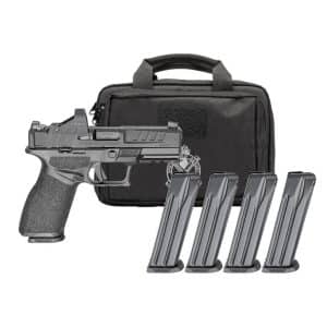 Semi-automatic pistol with four magazines and a black carrying case.