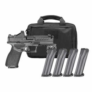 Black semi-automatic pistol with four magazines and a black carrying case for storage and transport.