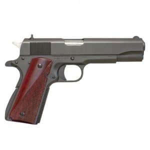 Side view of a semi-automatic pistol with dark metal finish and brown wooden grip panels