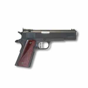 Semi-automatic pistol shown in profile with dark slide and brown wooden grip viewed from the left side.