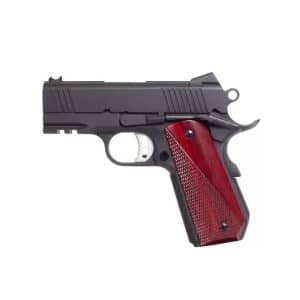 Side profile of a black semi-automatic pistol with red checkered wooden grip panels