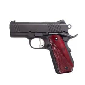 Semi-automatic pistol with a black slide and red checkered grip on a white background, shown in profile.
