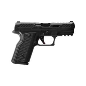 Black semi-automatic handgun with a textured grip and accessory rail seen in side view, oriented to the right.