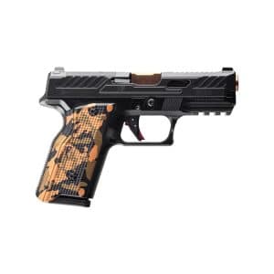 Semi-automatic pistol with a black body and orange camouflage grip, shown in side profile.
