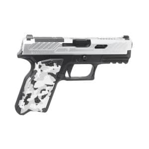 Semi-automatic pistol shown in profile with a silver slide and white camo grip against a white background