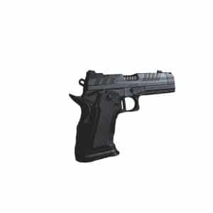Black semi-automatic pistol shown in a right-side profile against a white background with a textured grip and slid e details](Note: ensure character count)