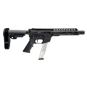 Black semi-automatic rifle with collapsible stock, long handguard, and curved magazine (FX-9 model)