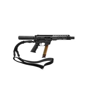 Black AR-style pistol with a cylindrical suppressor, rail system, and a curved magazine visible; has a coiled strap attached to the foreend area.