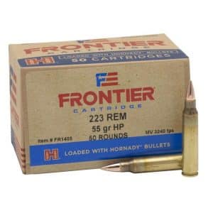 Frontier cartridge box for .223 Remington, 55 grain hollow-point, 50 rounds, with two brass rifle bullets in front