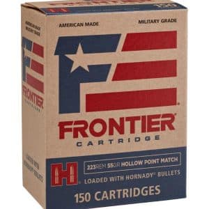 Frontier Cartridge box with blue and red logo, labeled 150 cartridges, 223 REM 55 GR hollow point match.