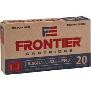 Frontier Cartridge box containing 20 5.56 NATO, 62-grain FMJ rifle cartridges, labeled 'Loaded with Hornady Bullets'