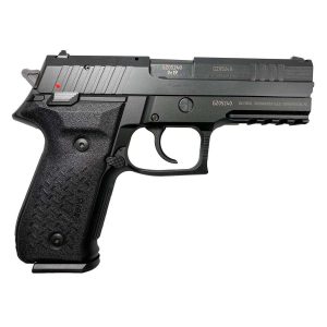 Black semi-automatic handgun shown in side profile with textured grip and trigger guard visible