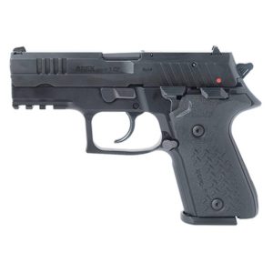 Side view of a black semi-automatic pistol with a textured grip on a white background, shown in profile.