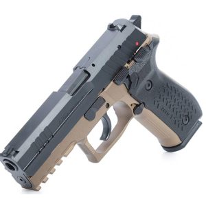 Tan-and-black semi-automatic pistol shown at an angle, with textured grip and slide details visible