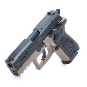 Two-tone semi-automatic pistol with a black slide and tan frame, shown at an angle to highlight the grip and trigger.