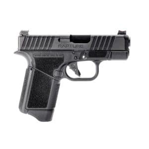 Side view of a black semi-automatic pistol with textured grip and serrated slide.