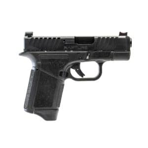 Side view of a black semi-automatic handgun with a textured grip and serrated slide.