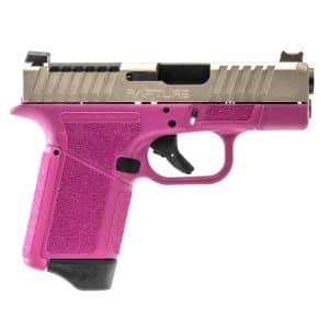 Pink semi-automatic handgun with a silver slide and textured pink grip on a white background.