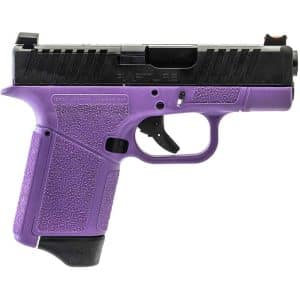Purple-colored semi-automatic handgun with black slide, shown in side view with textured grip sleeve.