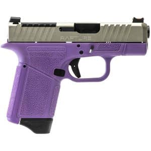 Purple semi-automatic pistol with a silver slide and textured grip, side view showing trigger and sights