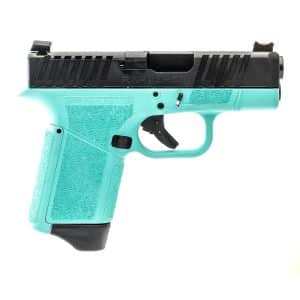 Turquoise semi-automatic pistol in profile with a black slide and textured grip; the slide is marked 'RAPTURE'.