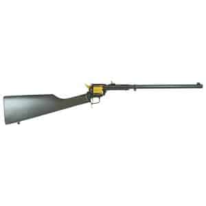Side view of a lever-action rifle with a wooden stock and long barrel, gold trigger and lever visible