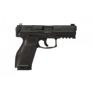 Black semi-automatic handgun shown in side profile with a textured grip and accessory rail along the top of the slide